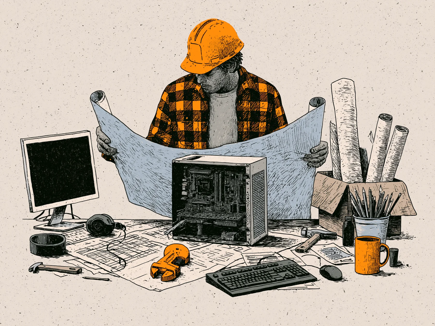 Someone in a hard hat holding a large plan open behind a computer case with its side off, surrounded by tools, rolled drawings, a monitor and a keyboard.