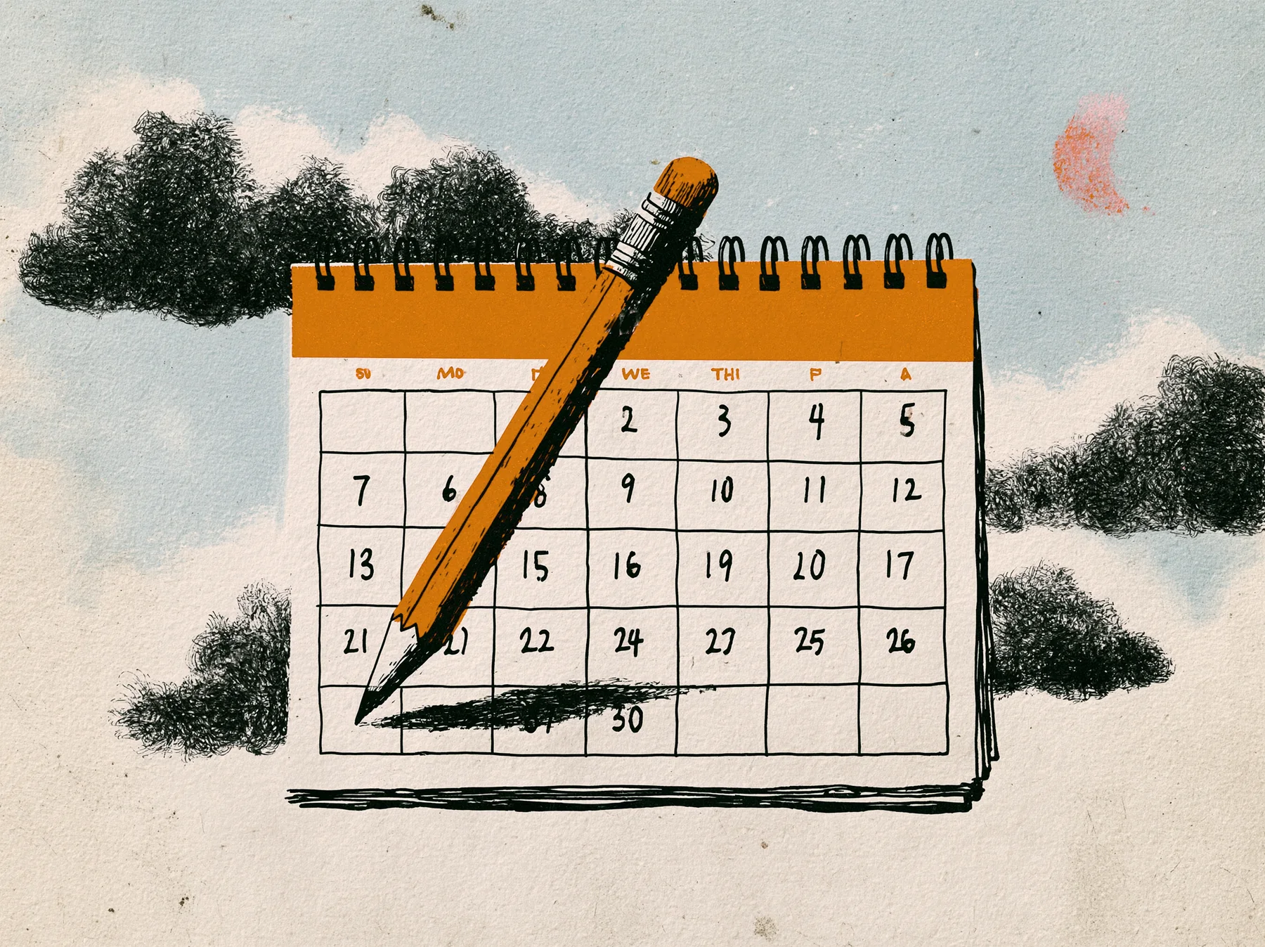 A spiral desk calendar with an orange header band and an orange pencil lying across it, against a pale sky with ink-drawn clouds.