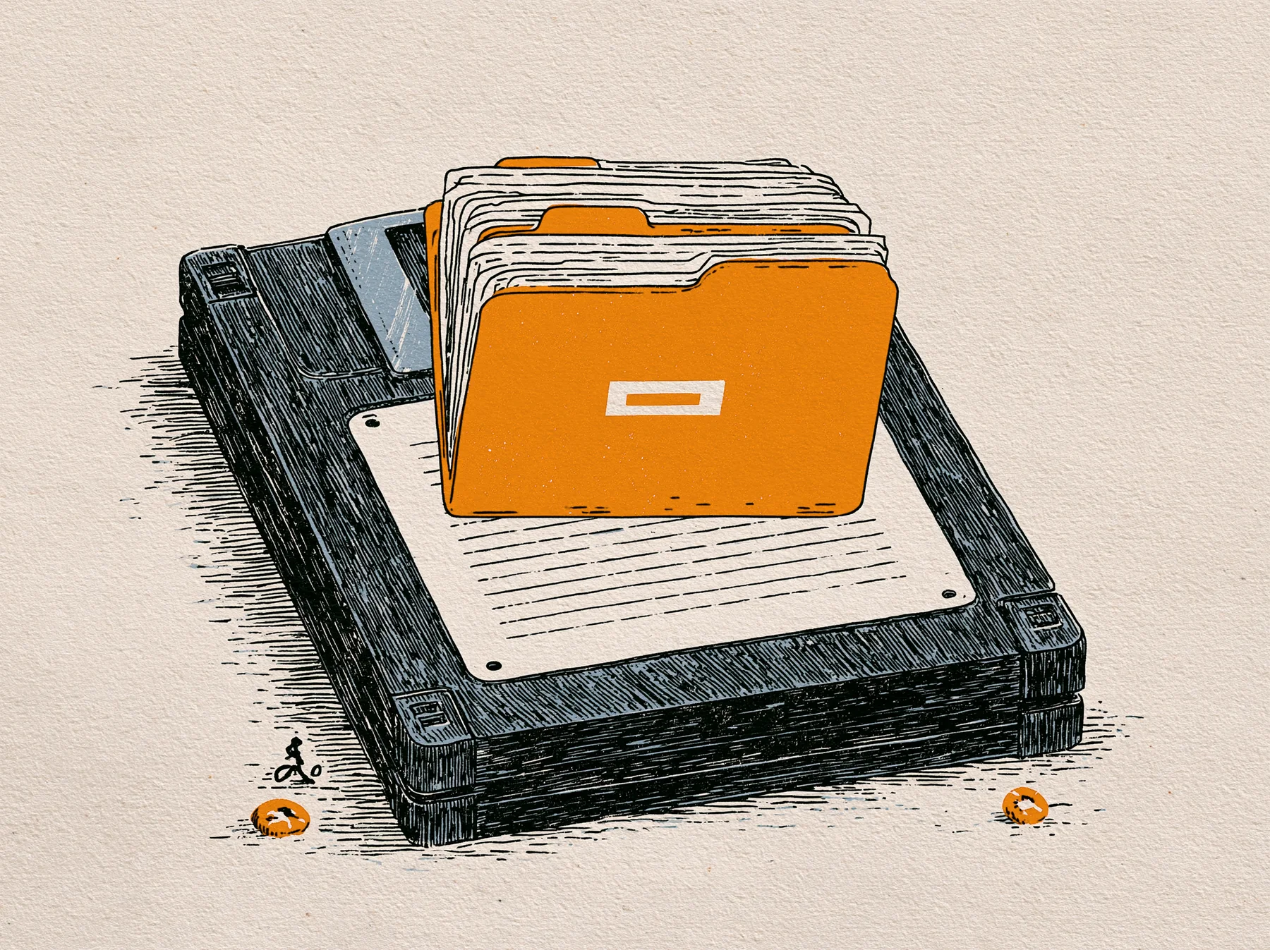 An orange document folder, thick with papers, standing upright on an outsized floppy disk.