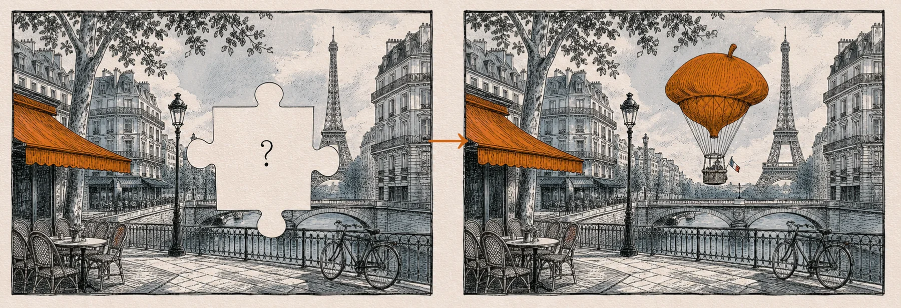 The same Paris street twice. In the first a puzzle piece is missing from the sky, marked with a question mark. In the second the gap has been filled with a hot-air balloon shaped like a beret.