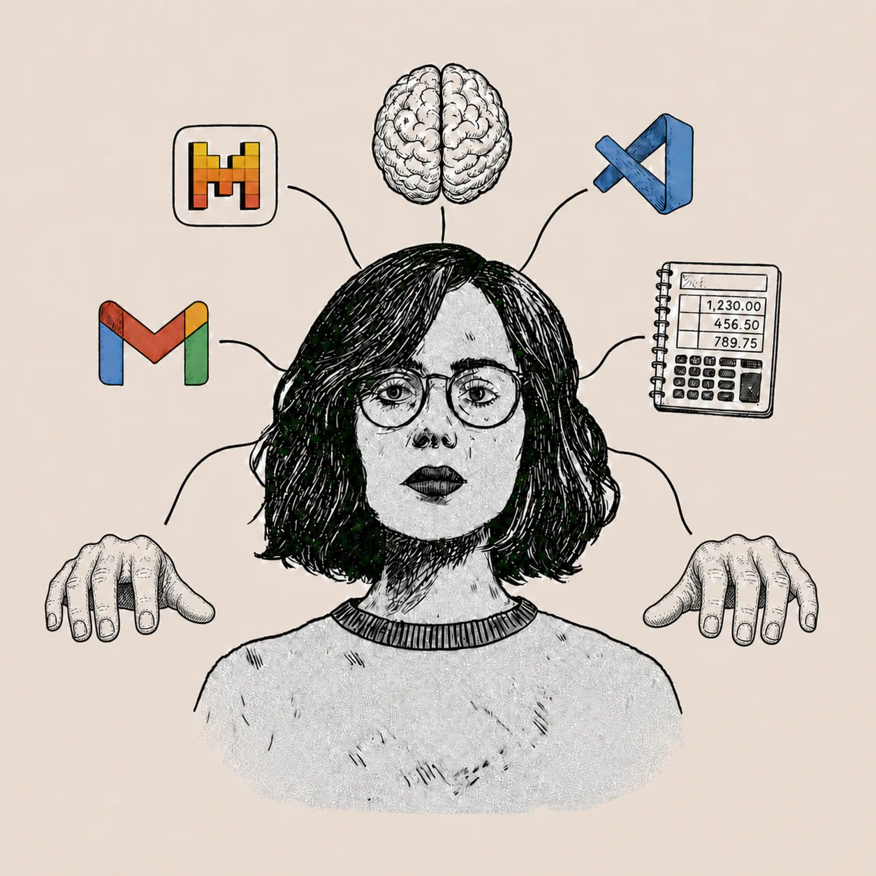 A woman at the centre of a brain, a mail client, a code editor and a spreadsheet, each joined to her by a single line.