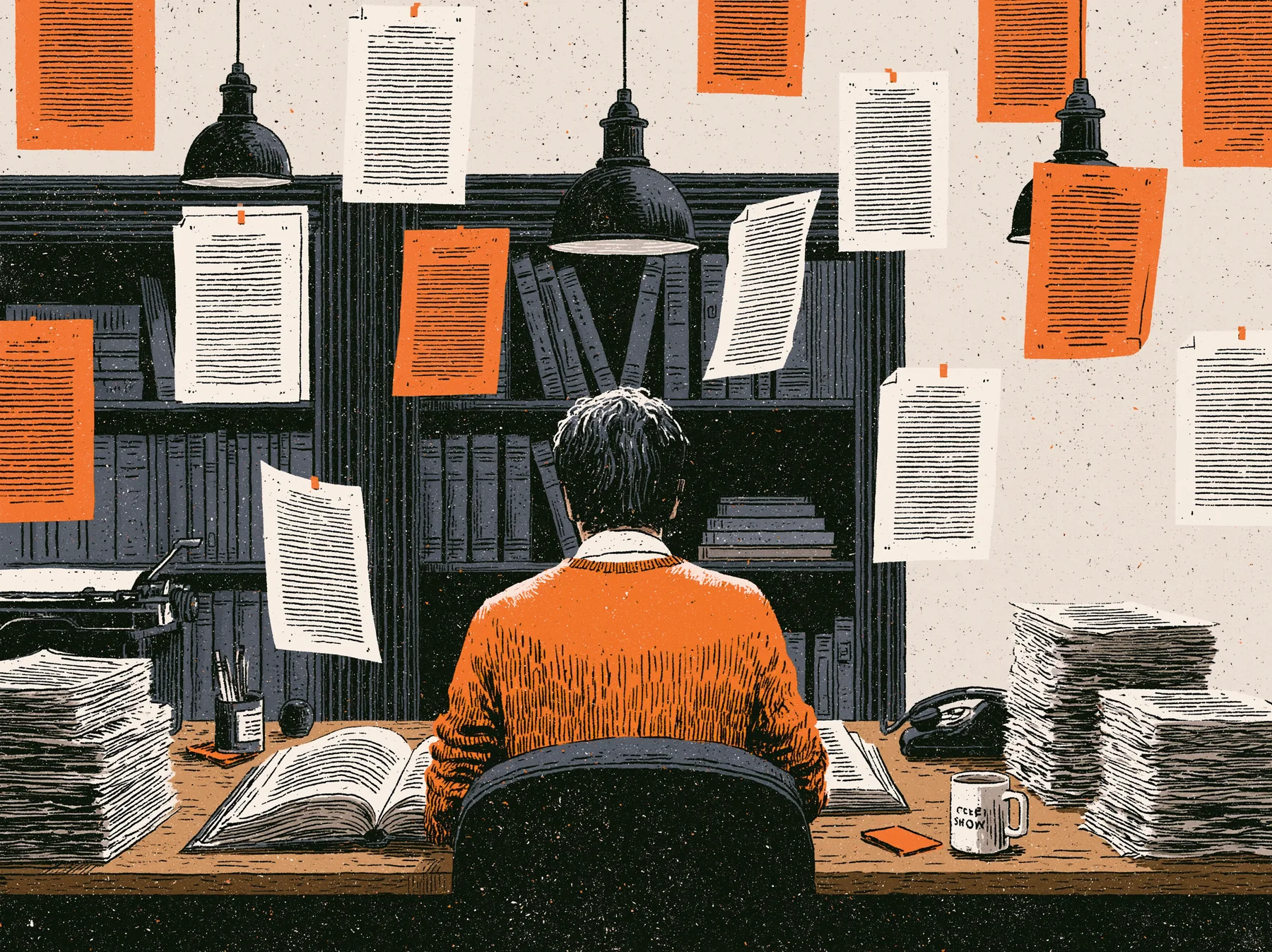 Seen from behind, someone in an orange jumper at a desk buried in paper: stacks either side, an open book, a typewriter, and pages pinned across the bookshelves and hanging from the ceiling.