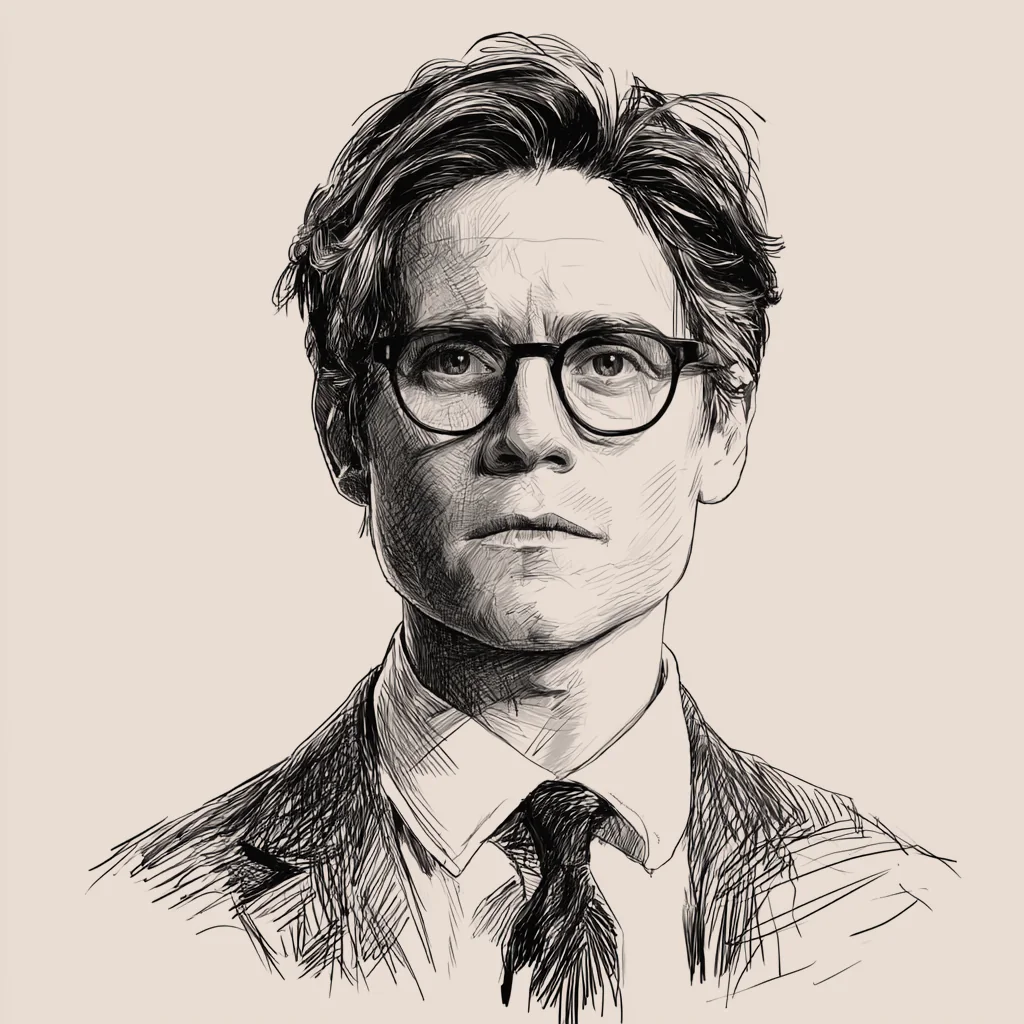 A drawn portrait of a man in glasses, a jacket and a tie.