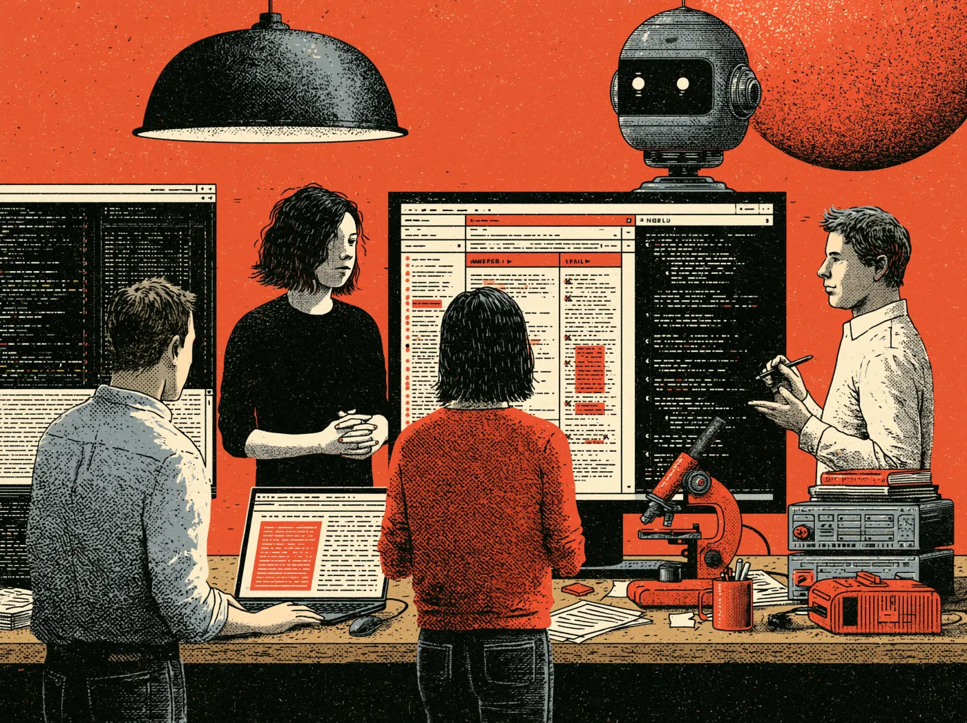 A small team around a desk of screens, working through AI output together