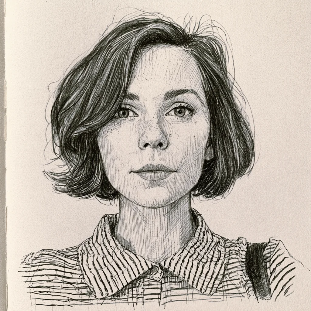 A drawn portrait of a woman in a striped collar, looking straight out.