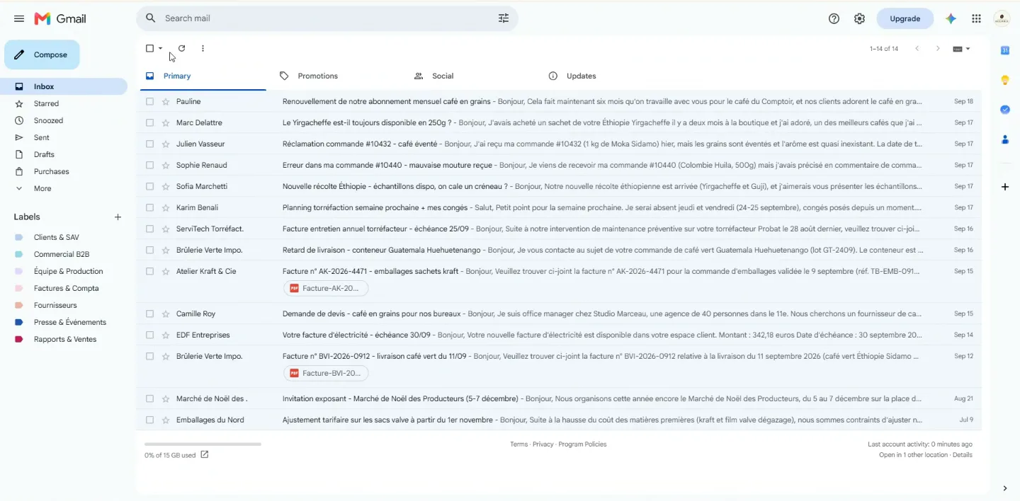 The Gmail inbox sorted by Claude, each email under its coloured label.