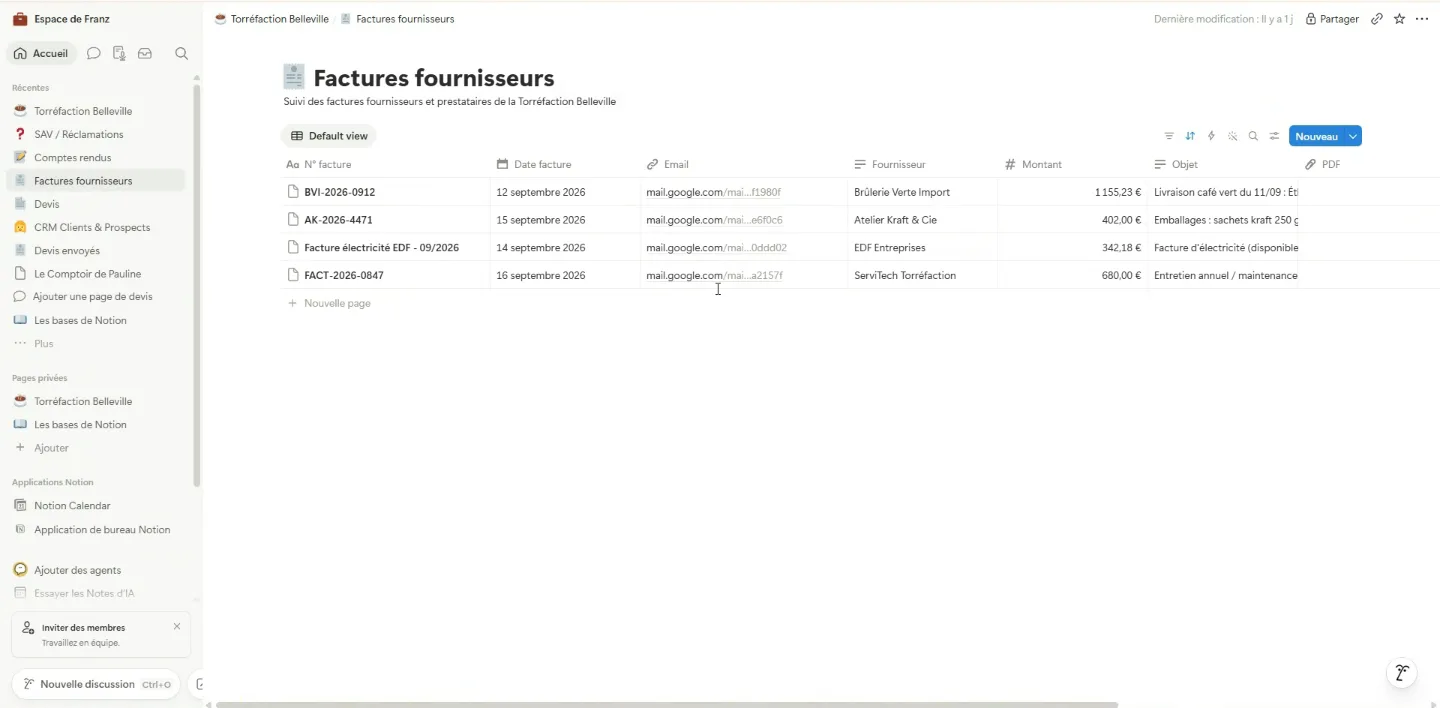 The Notion "Supplier invoices" database filled in by Claude: number, date, supplier, amount, status and link to the email.