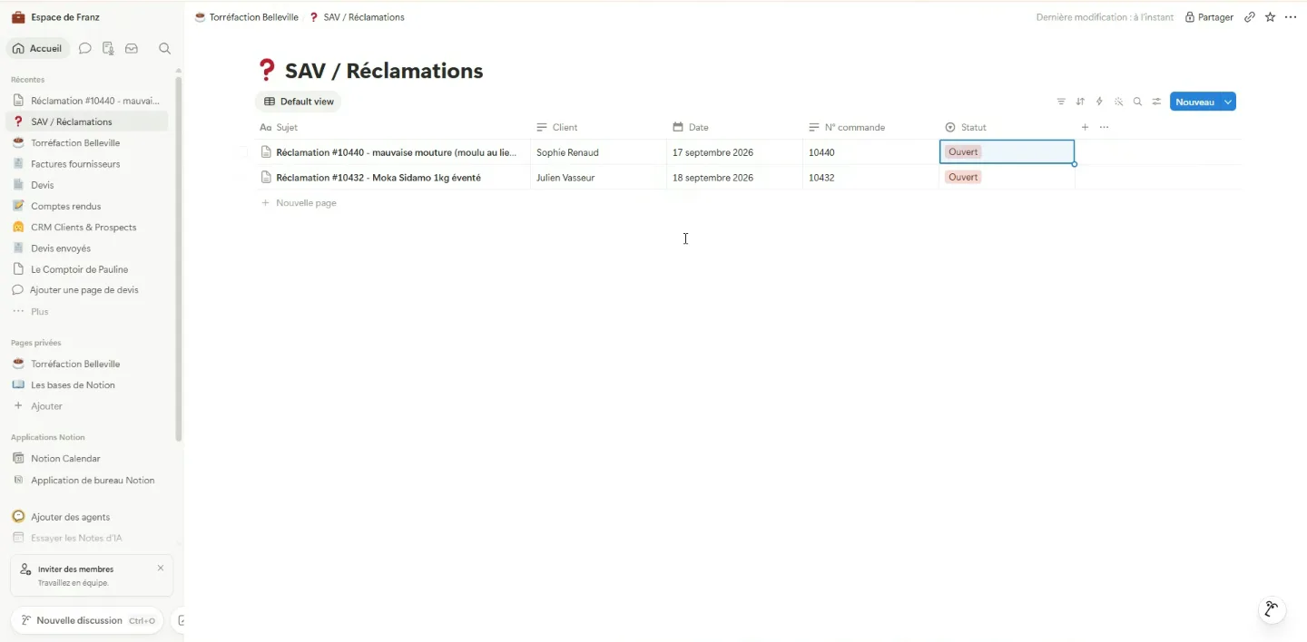 The tickets created in the Notion "SAV / Réclamations" database, status Open.