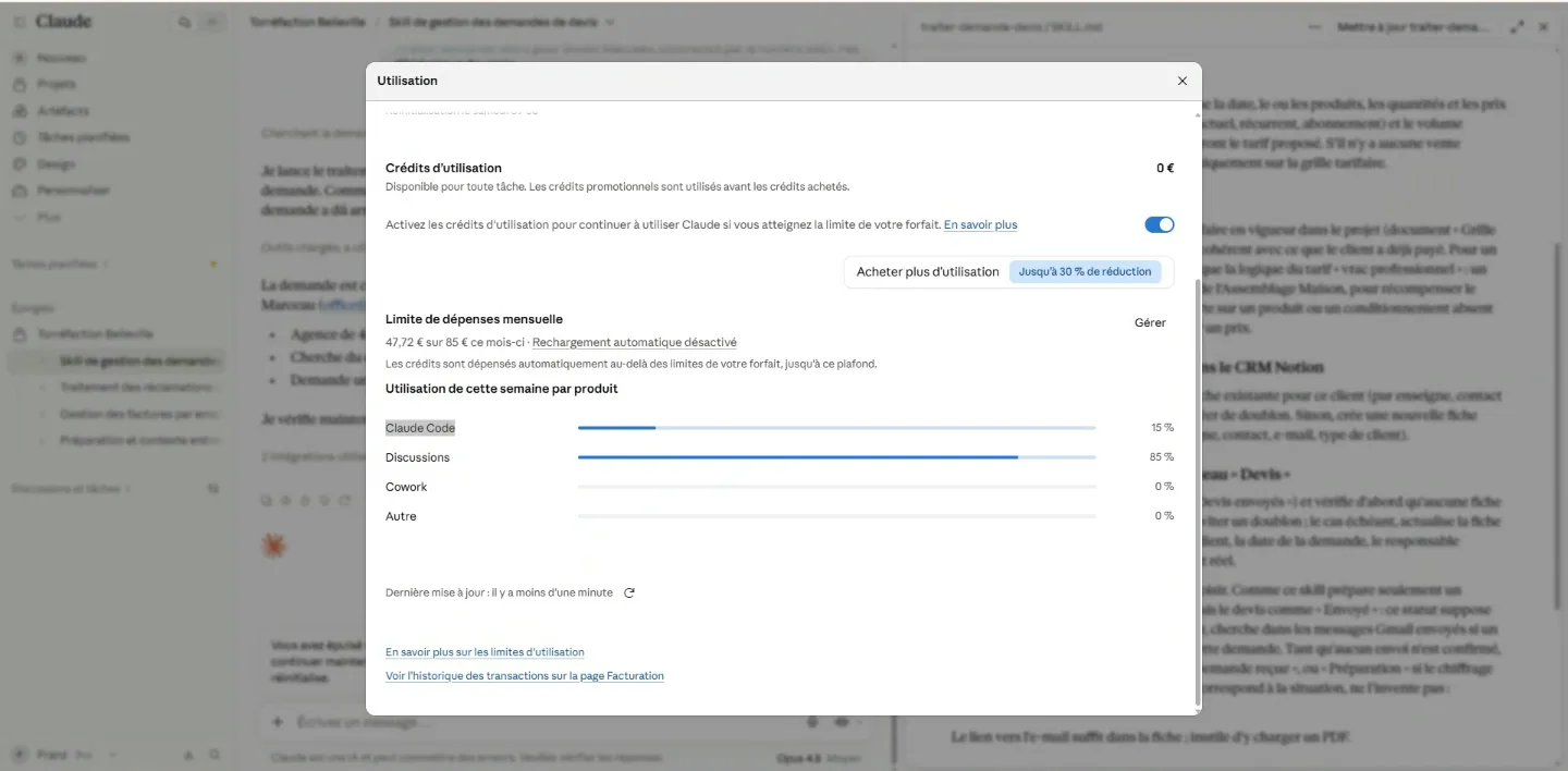 Settings → Usage: session and weekly usage, usage credits and the monthly cap.