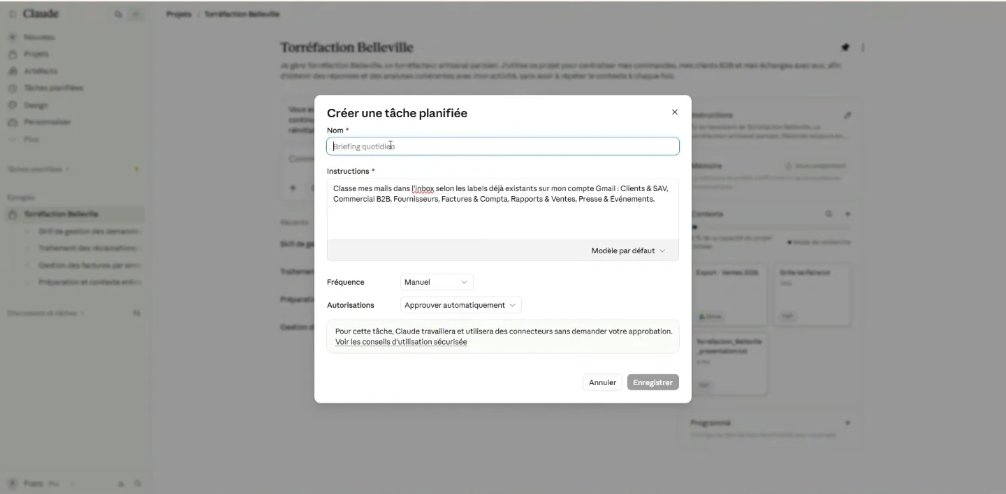 Creating a scheduled task: name, instructions, frequency and permissions.